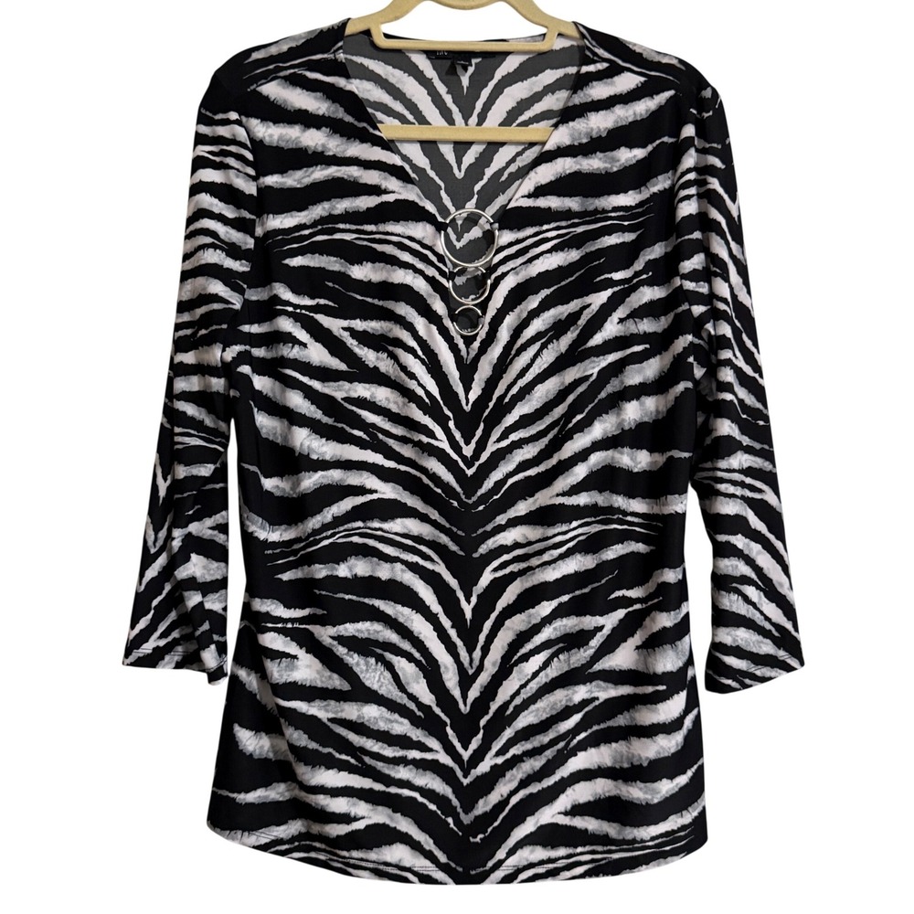 INC‎ International Concepts Zebra Print V-Neck Top Ring Detail Black White Large